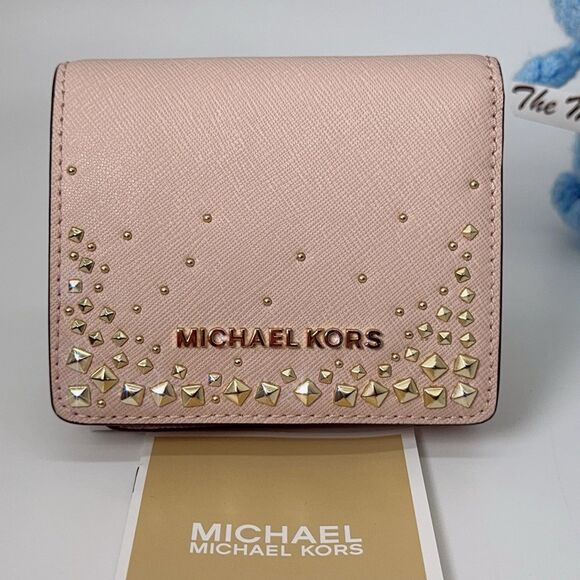 Michael Kors MK Giftables Studed Flap Leather Card Holder Wallet Ballet Pink NWT - Picture 2 of 12
